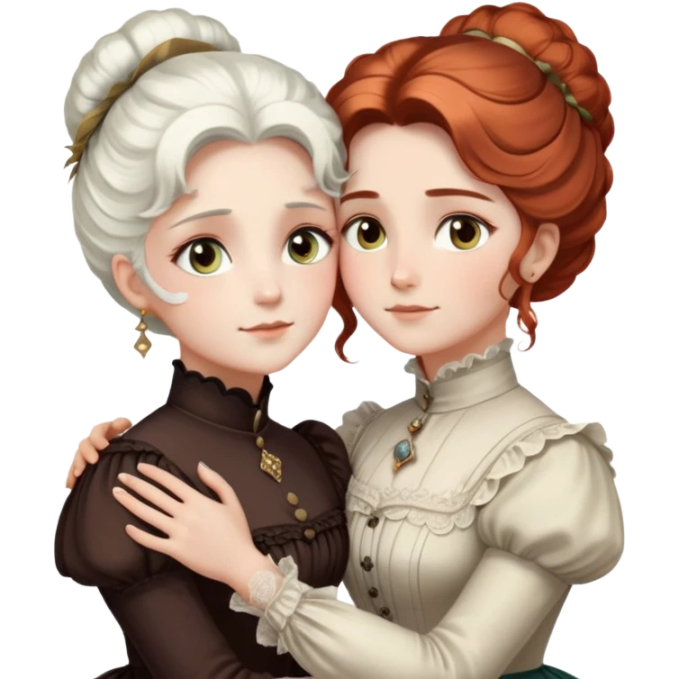 Two Victorian women embracing in a close hug, one with bright white coiffed hair and one with dark copper coiffed hair, both with light eyes, wearing Victorian high-neck dresses emoji