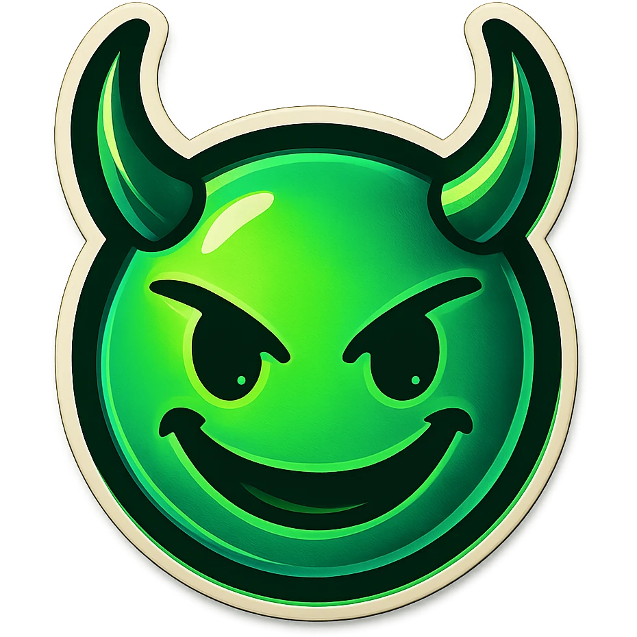 devil emoji, neon green and black colors, elegant horns, sinister smile, modern neon goth aesthetic, neon palette, vibrant neon style emoji