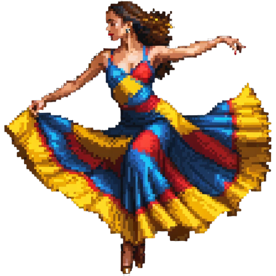 Colombian salsa dancer woman in flowing dress, dynamic dance pose, vibrant colors emoji