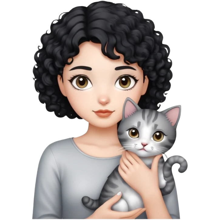 Please generate a short curly black hair girl holing a silver gradient cat emoji