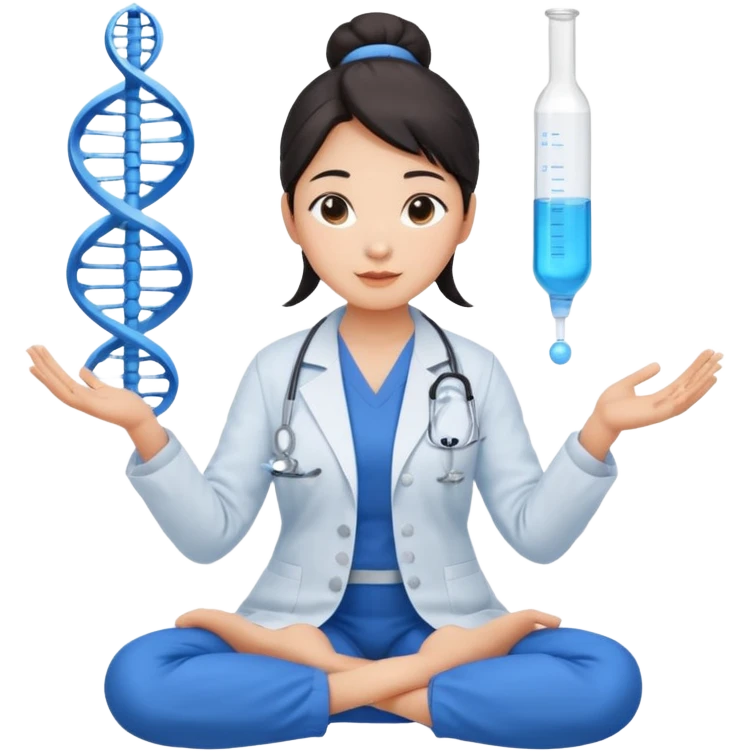 emoji of an asian woman with a single bun in a blue lab coat sitting cross legged with dna levitating above one hand and a micropipette above the other hand emoji