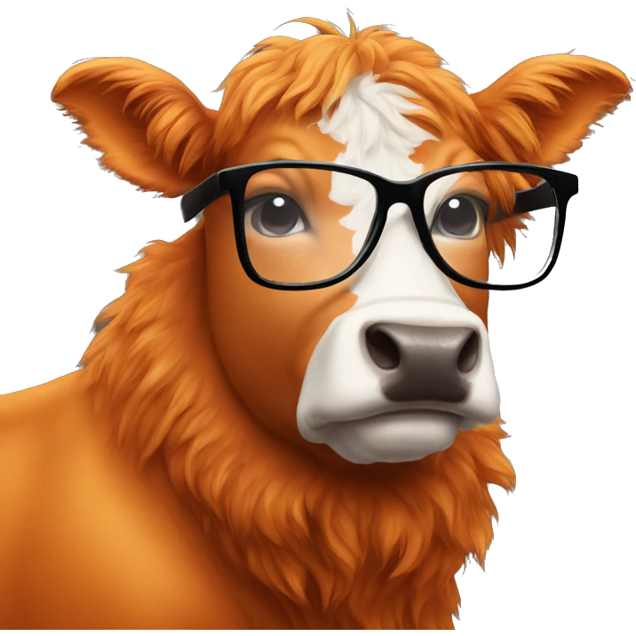 Fluffy orange cow with black glasses emoji