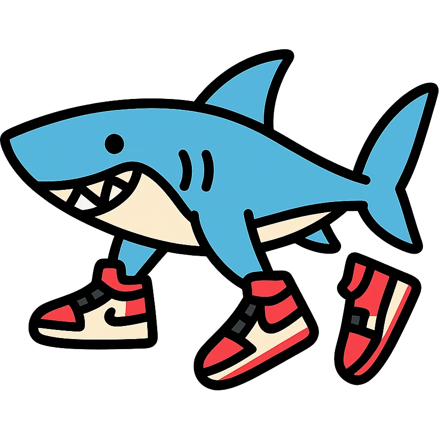 fun and bold colored outlined icon of a shark wearing Air Jordans on its fins and tail emoji