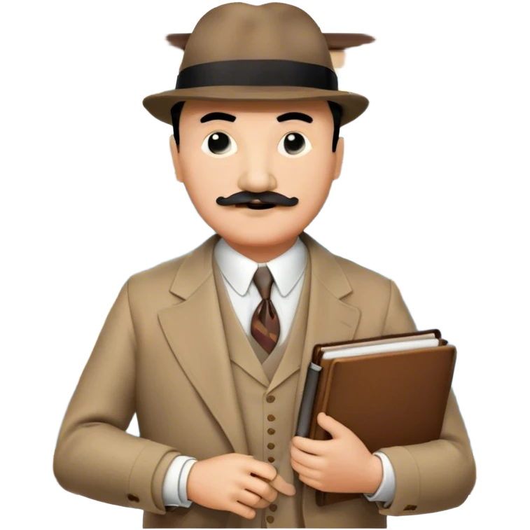 A cinematic-style frame showing Hercule Poirot in his iconic suit with a notebook in a dramatic detective pose. Background should be mysterious city, map, a board with photos of suspects, clues like fingerprints. Transparent background. emoji