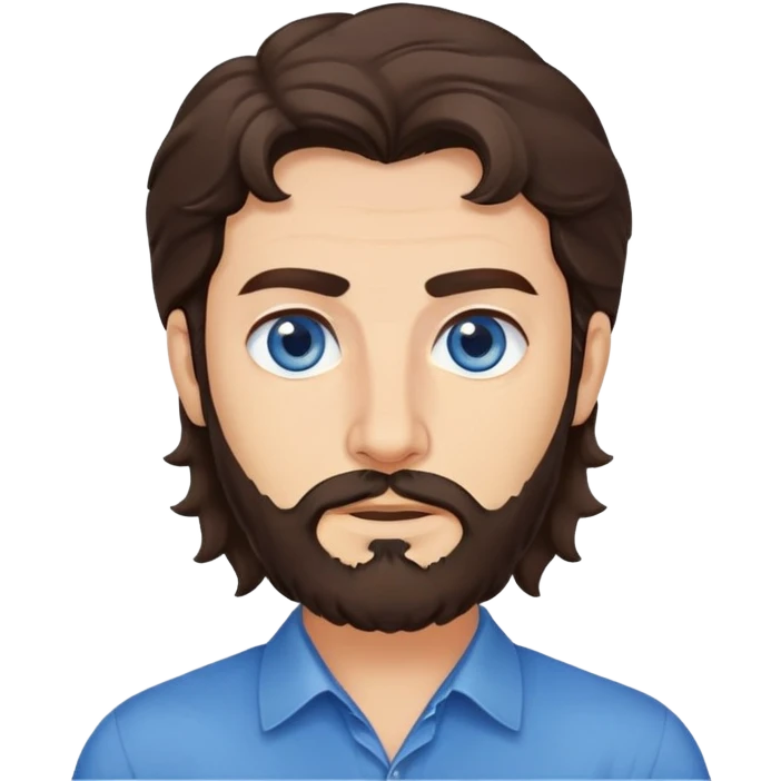 Lebanese man with one blue eye and one brown eye, dark brown longish wavy hair, light beard, closed mouth, kind expression, blue shirt emoji