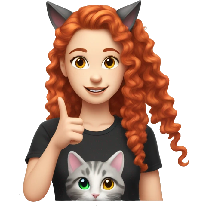 a white girl with long red curly hair in a pony tail with rainbow shirt does peace sign wearing cat ears one black other white emoji