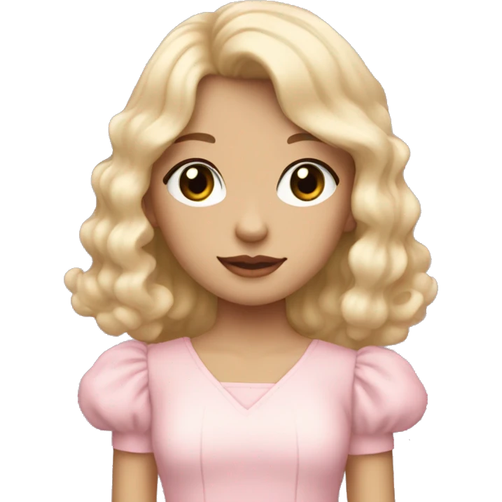 pale girl with bangs and long blonde curly hair and a pastel pink puff sleeve dress emoji
