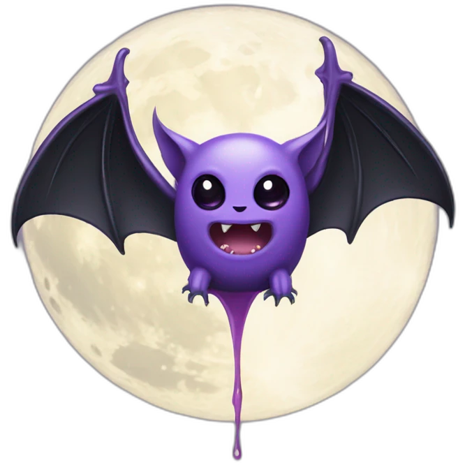 purple black vampire bat wings flying in front of large dripping grey crescent moon emoji
