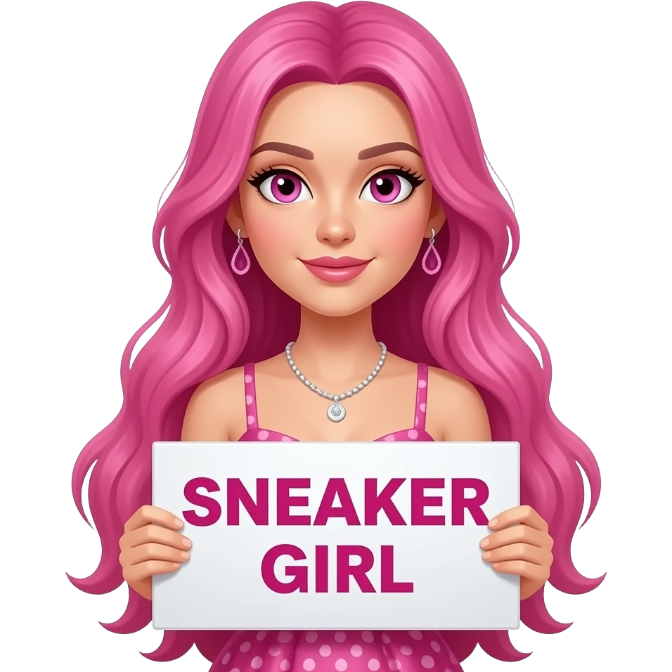 sexy girl with long pink hair and pink eyes wearing a dress holding a SNEAKER GIRL sign emoji