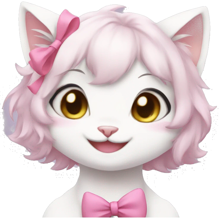 fursona white cat girl with pink bow cute laughing anime emoji