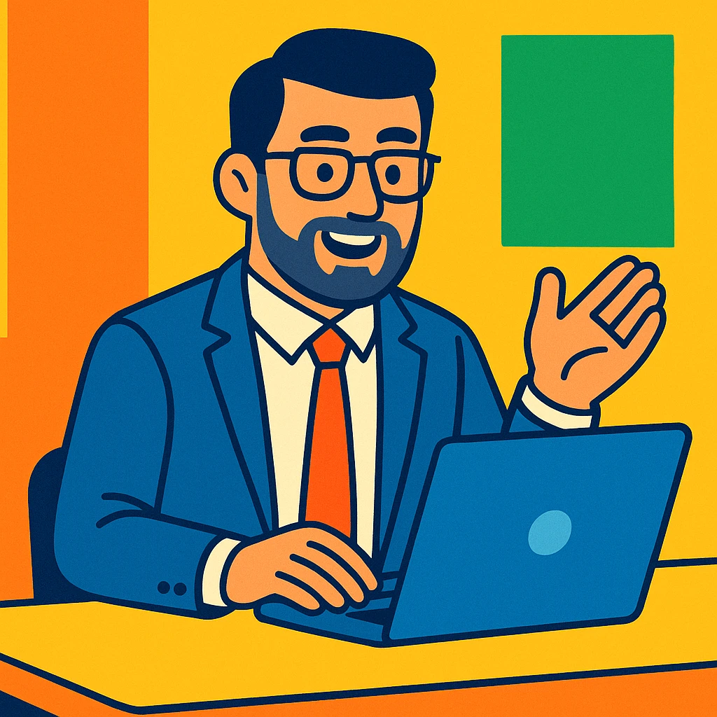 A 35-year-old male business coach sitting at a table with a laptop emoji