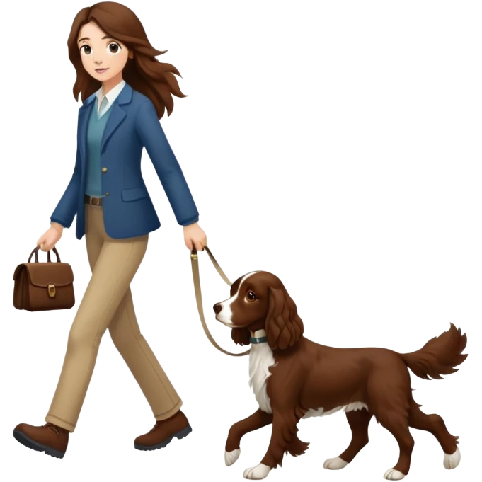 A girl with long brown hair walks a brown springer spaniel emoji