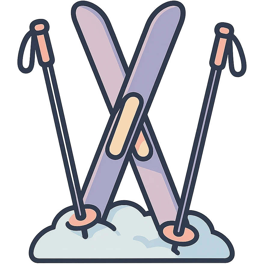 cross-country skis and poles on the sides, all stuck at an angle into a snowdrift, detailed shading, thin clean outlines, soft rounded features, pastel palette #98B5BC #B5B3C1 #C9A3C9 #E4C0CA #F7DCD1 #F7C0AA, Japanese pop art, sticker look, highly detailed, vector clarity, soft lighting, subtle shadows, transparent background emoji