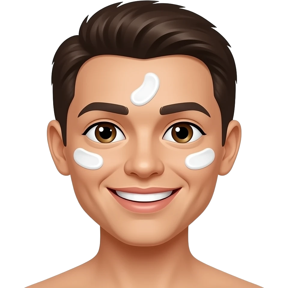 a smiling person's face with dabs of white cream on the forehead and cheeks emoji