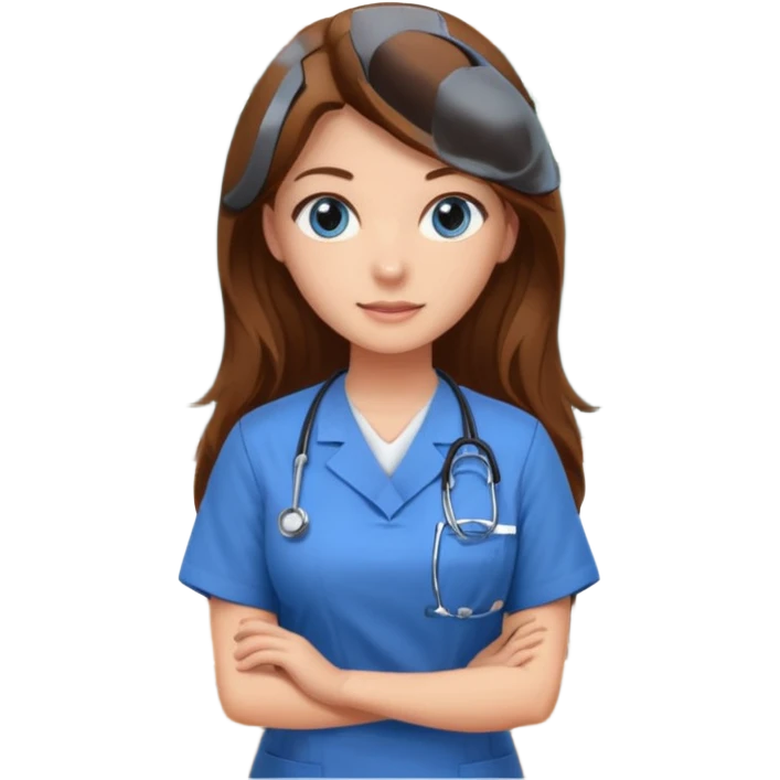 inside a classroom at university that says nursing school on the board with a pretty female nursing student with long brown hair, blue eyes emoji