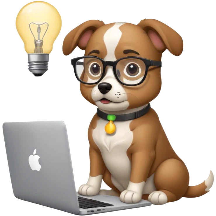Like a cartoon (make it an intelligent dog with glasses) working with a computer (macbook, showing the apple logo) thinking and a light bulb above his head while he thinks emoji