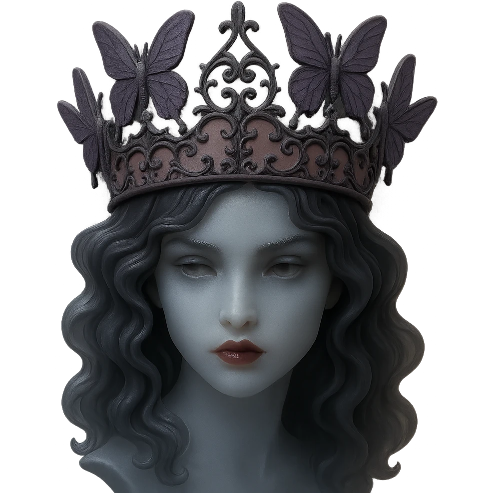 Change the butterfly crown to a darker matte pink base with purple butterflies and gothic filigree, mysterious and elegant. Keep the background transparent. emoji