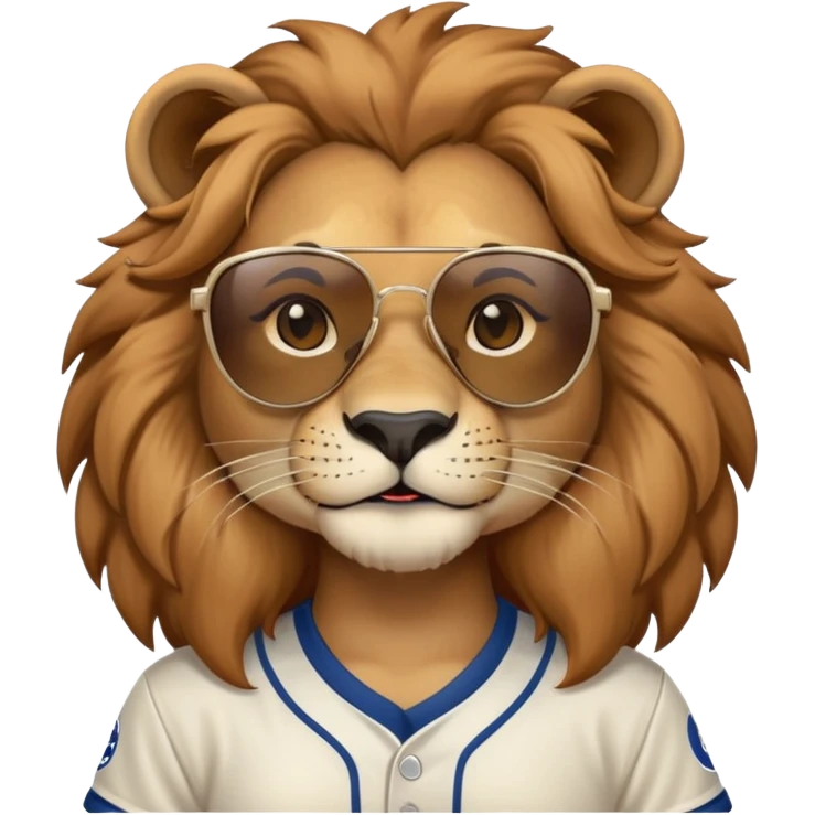 head and shoulders close-crop of a friendly anthropomorphised female lion wearing a baseball shirt and dark sunglasses emoji