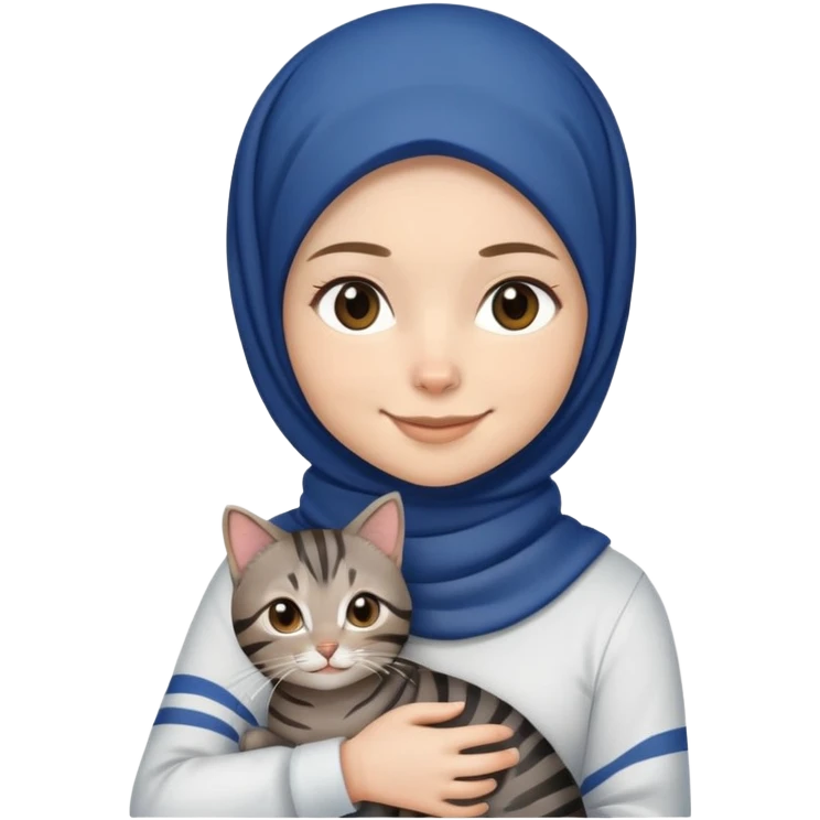 White girl wearing dark blue hijab with white shirt smiling while holding a black grey brown stripes tabby cat emoji