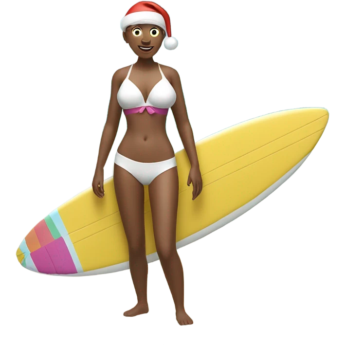Santa a white man, traditional at the beach with a swim top for women on a surf board, wearing a woman’s swim top emoji