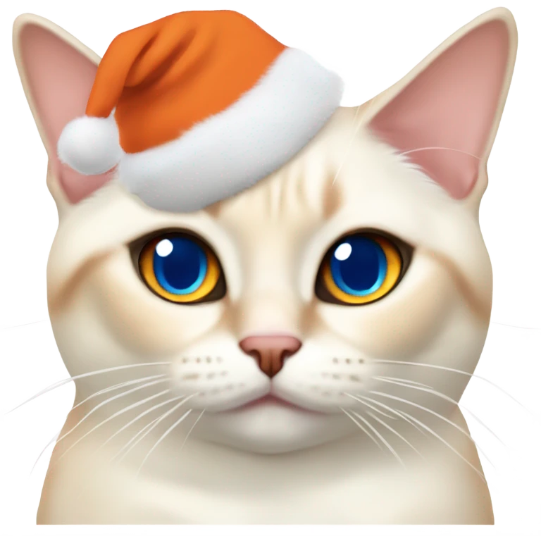 chubby flame point Siamese, white fur with orange accents and blue eyes wearing a red christmas hat  emoji