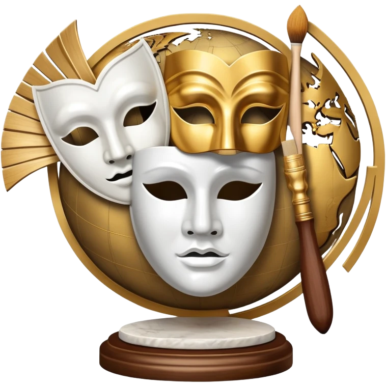 An icon featuring a classical sculpture, a paintbrush, and a theater mask, symbolizing the study of culture and arts. The design includes a world map in the background, representing diverse cultural traditions. Transparent background highlights the exploration of global art and heritage. emoji