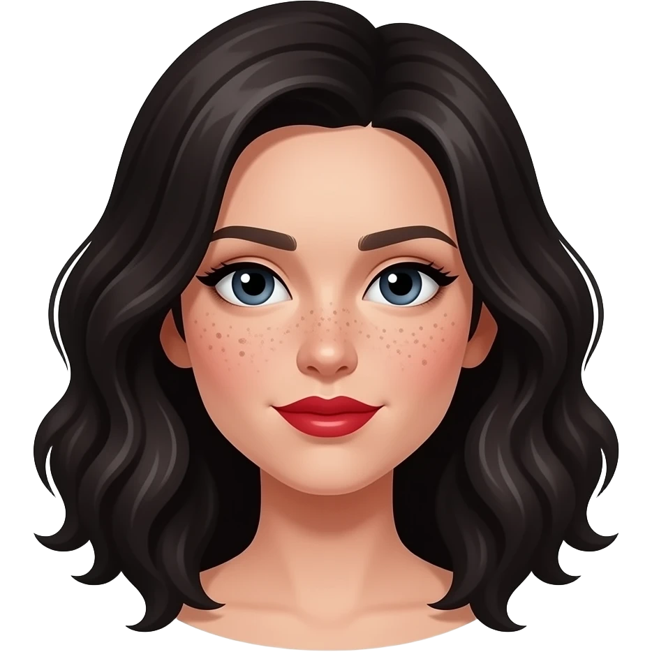 vector-style avatar of a woman named Iris, centered, solid black background, wavy shoulder-length dark hair, fair skin with distinct freckles across her cheeks, and bold red lips. emoji