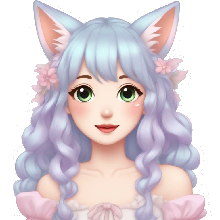Gorgeous pastel anime style lady with blushing face and fox ears cottagecore fairycore pastelcore colorful pearly romantic simplistic aesthetic trending style emoji