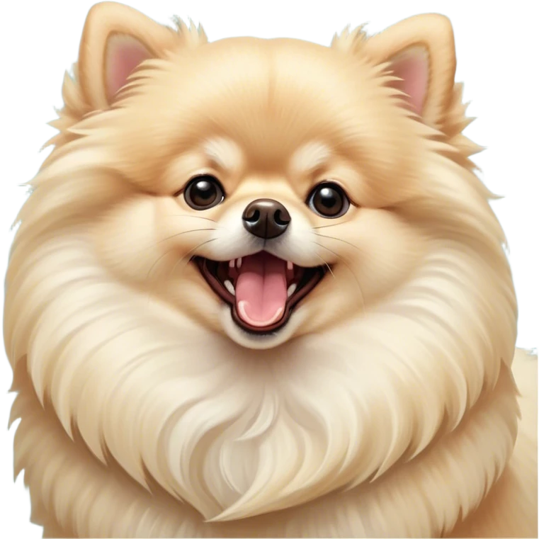 Cinematic Cute Yawning Cream Pomeranian Portrait Emoji, Head tilted slightly with a dramatic, wide-open yawn, showcasing a soft, fluffy cream Fur with gentle highlights, floppy ears slightly drooping, round dark eyes barely open in drowsy contentment, Simplified yet irresistibly adorable features, highly detailed, glowing with a soft, cozy glow, high shine, relaxed yet expressive, stylized with a touch of whimsy, bright and endearing, soft glowing outline, capturing the essence of a sleepy yet affectionate companion, so drowsy it feels like it could stretch right out of the screen and curl up for a nap! emoji
