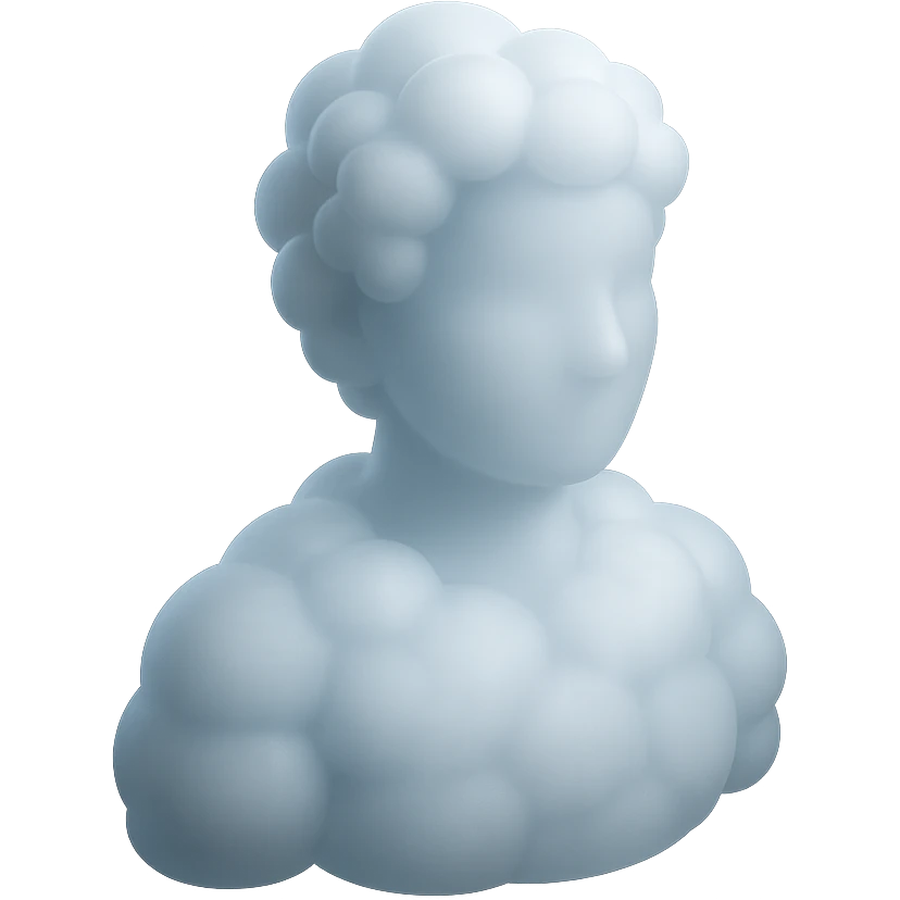 person made entirely of white fluffy convex clouds, shoulder up, front view, matte glass style emoji