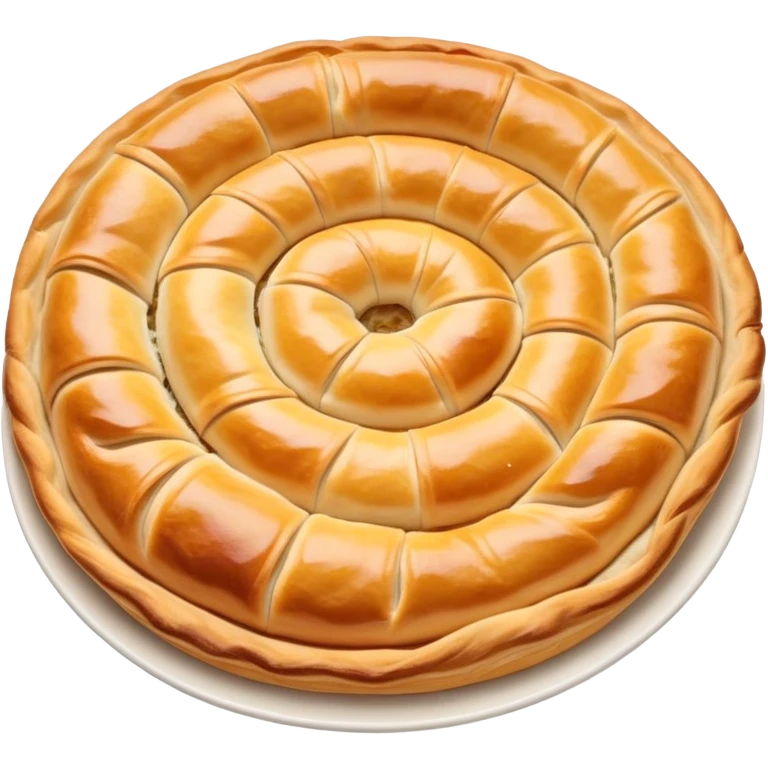 cinematic-realistic-flat burek-sa-sirom-dish-emoji,-showcasing-a-flaky-pastry-filled-with-cheese-rendered-with-crisp-textures-and-appetizing,-warm-lighting. round spiral emoji