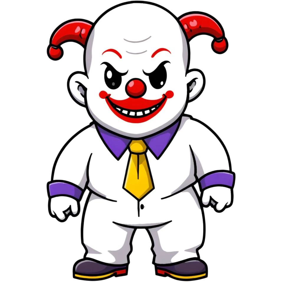 full-body demonic clown in a white leisure suit with bellbottom pants, bald, black ram horns, elevator shoes, flashy belt, ruffled shirt, colorful tie emoji