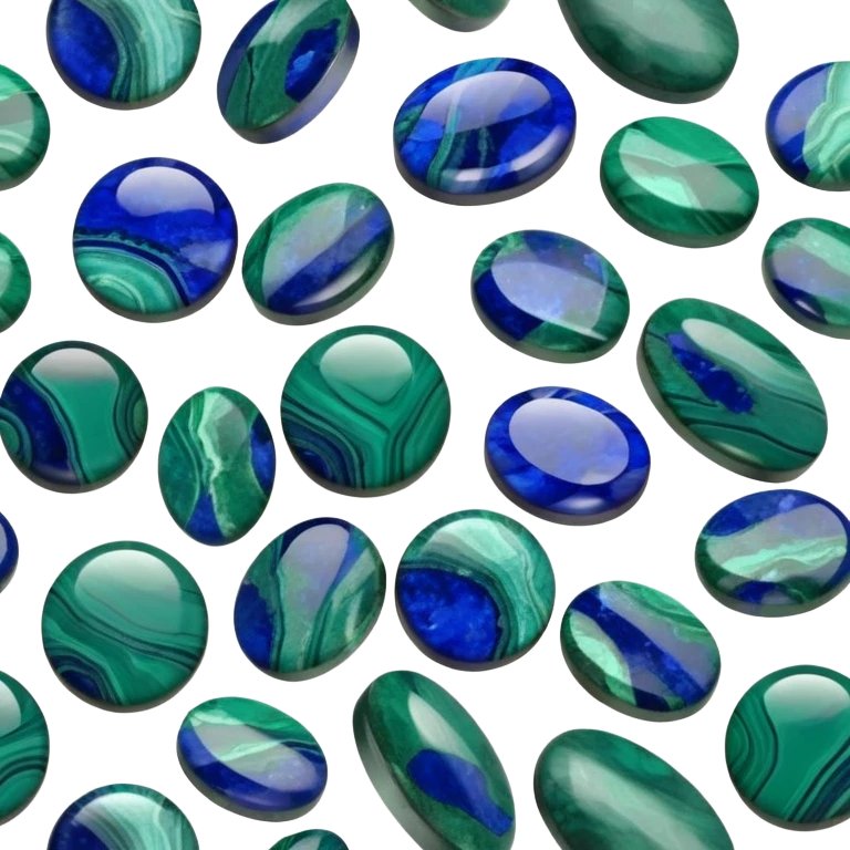 Round cabochon gemstone with blue azurite and green malachite mixed patterns and high polish emoji