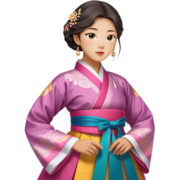 Cinematic Realistic Hanbok Emoji, depicted as a graceful intricately designed traditional Korean dress with vibrant colors and flowing lines, rendered with delicate textures and soft cultural lighting that captures its timeless elegance. emoji
