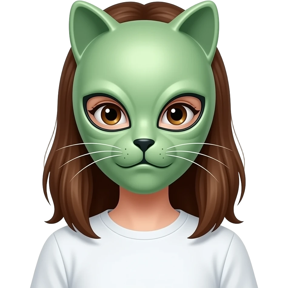 A girl wearing a alien cat cat mask on her face with brown hair and brown eyes with a blank white shirt emoji
