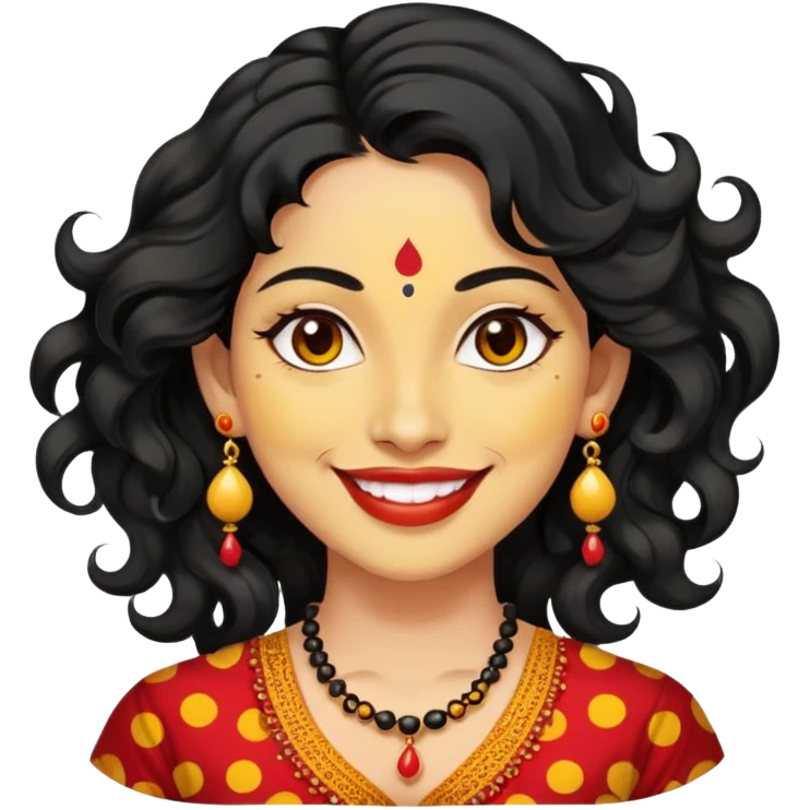 "- Phụ nữ
- 35 tuổi
- Da vàng
- Tóc đen xoăn nhẹ
- Có chấm đỏ Bindi, đeo khuyên tai
- Mặt cười
" emoji