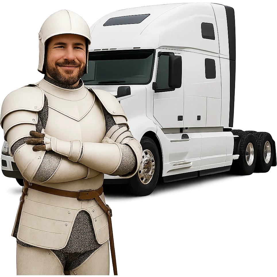 Remove the background, keep only the white knight and the 2022 white Volvo semi sleeper truck with transparent background. emoji