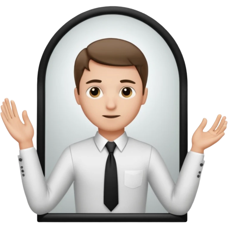 A man looking into a mirror holding his hand. He should be facing the mirror. He should be wearing a white dress shirt and a black tie. emoji