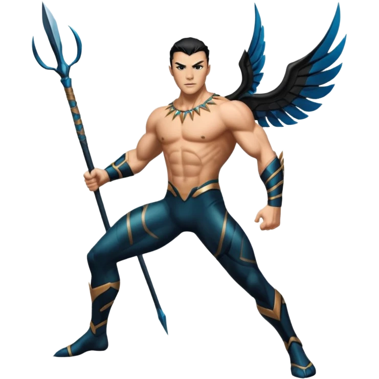 Namor from Black Panther 2, full body, action pose, holding a sharpened spear, wings at his feet emoji