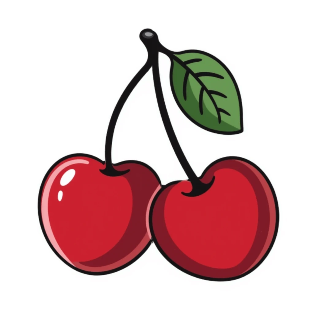 Hand-drawn pair of crimson red cherries with stem and leaves emoji