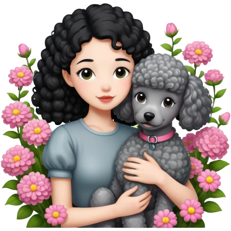 A beautiful girl with black ponytail and short sleeves happily hugs a gray curly poodle in the flowers emoji
