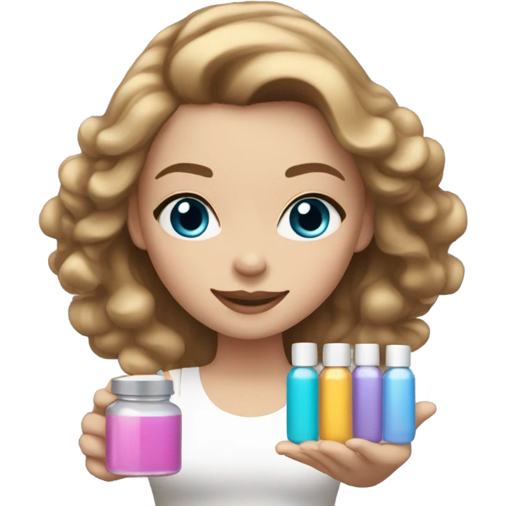 girl with light brown hair and white skin and blue eyes holding jars of cosmetics emoji