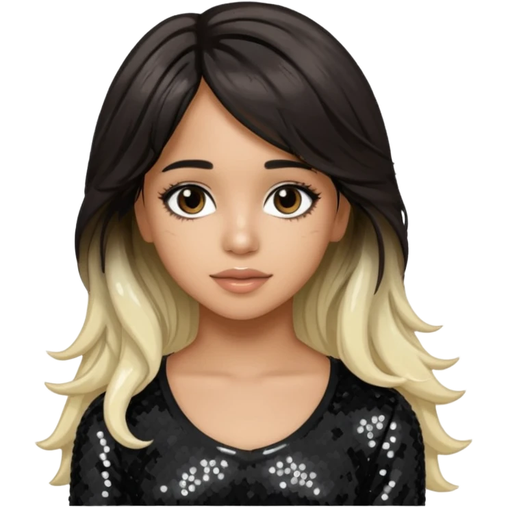 Camila Cabello from Fifth Harmony with long dark brown with platinum blonde highlights hair, black sequin outfit emoji