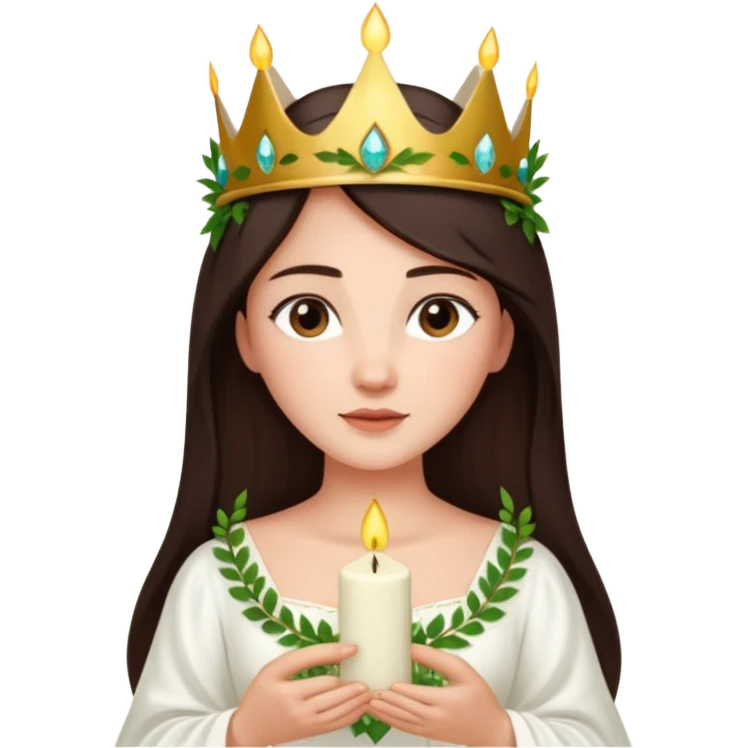  saint lucia with dark brown hair with a white gown and a crown made from greenery with candles on the crown emoji