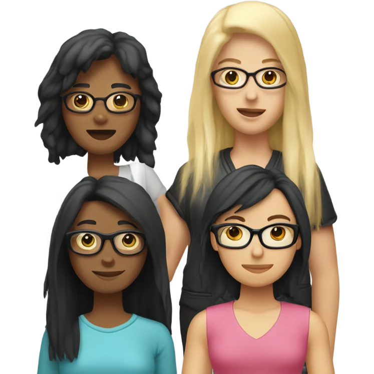 Four friends. One is Indonesian with a black mullet, one is a woman with a red shag hair cut, one is a girl with blonde hair and pink glasses and one is a masculine woman with short blond hair  emoji