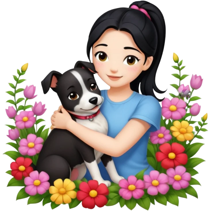 A beautiful girl with black ponytail and wearing short sleeves happily hugs a dog in the flowers emoji