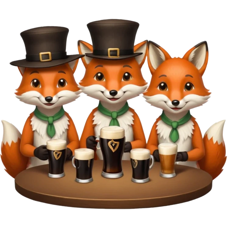 Three foxes sitting at a round table drinking Guinness emoji