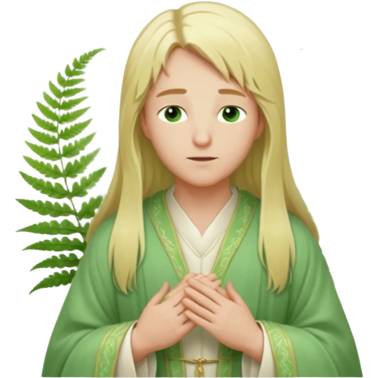 a young bishop, green eyes, long blonde hair, light green wide, flowing outer robe. hands clasped together, eyes closed. Soft light, subtle fern. Waist-up, profile. emoji
