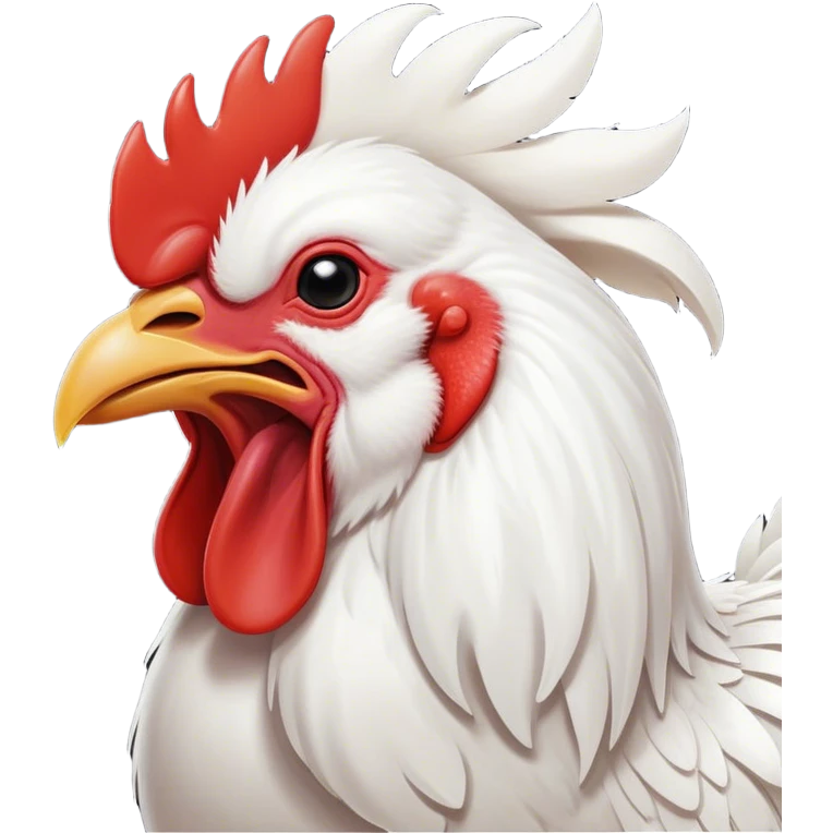 Cinematic Cute Yawning White Rooster Portrait Emoji, Head tilted slightly with a dramatic, wide-open yawn, showcasing a soft, downy white plumage with a crisp red comb and drooping wings, round eyes barely open in drowsy contentment, Simplified yet irresistibly adorable features, highly detailed, glowing with a soft, cozy glow, high shine, relaxed yet expressive, stylized with a touch of whimsy, bright and endearing, soft glowing outline, capturing the essence of a sleepy yet affectionate rooster, so drowsy it feels like it could stretch out of the screen and curl up for a nap! emoji