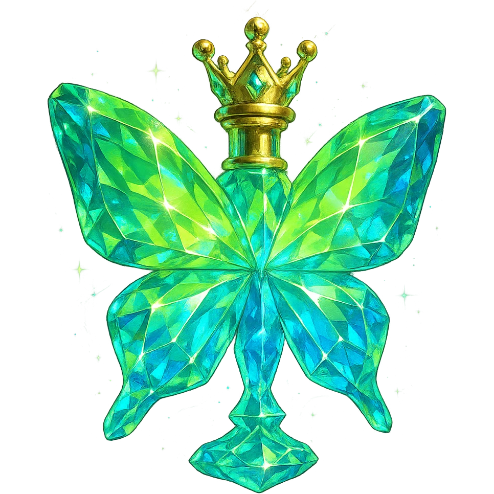 luxurious crystal butterfly-shaped bottle with short neck and princess crown, many facets, glowing and light refractions, green (#c0ff53) and blue colors, golden details, subtle magical effects, transparent background, beautiful connected base, floating in air, no base or shadow, very close to original design emoji